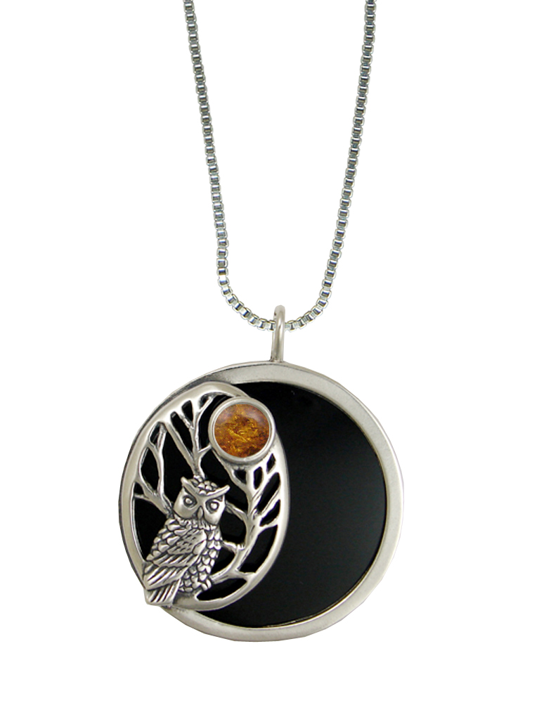 Sterling Silver Black Onyx Disc Wise Owl Pendant Necklace With Amber